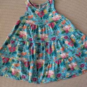 Ruffle Butts Turquoise Floral Tiered Dress with Pink Trim